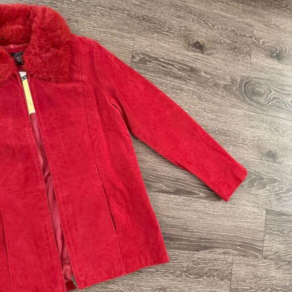 Centigrade Leather Red Faux Fur Collar Leather Zip Up Jacket - Picture 3 of 9